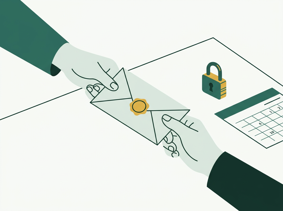 Hands passing a sealed envelope beside a padlock, showing answers sent securely