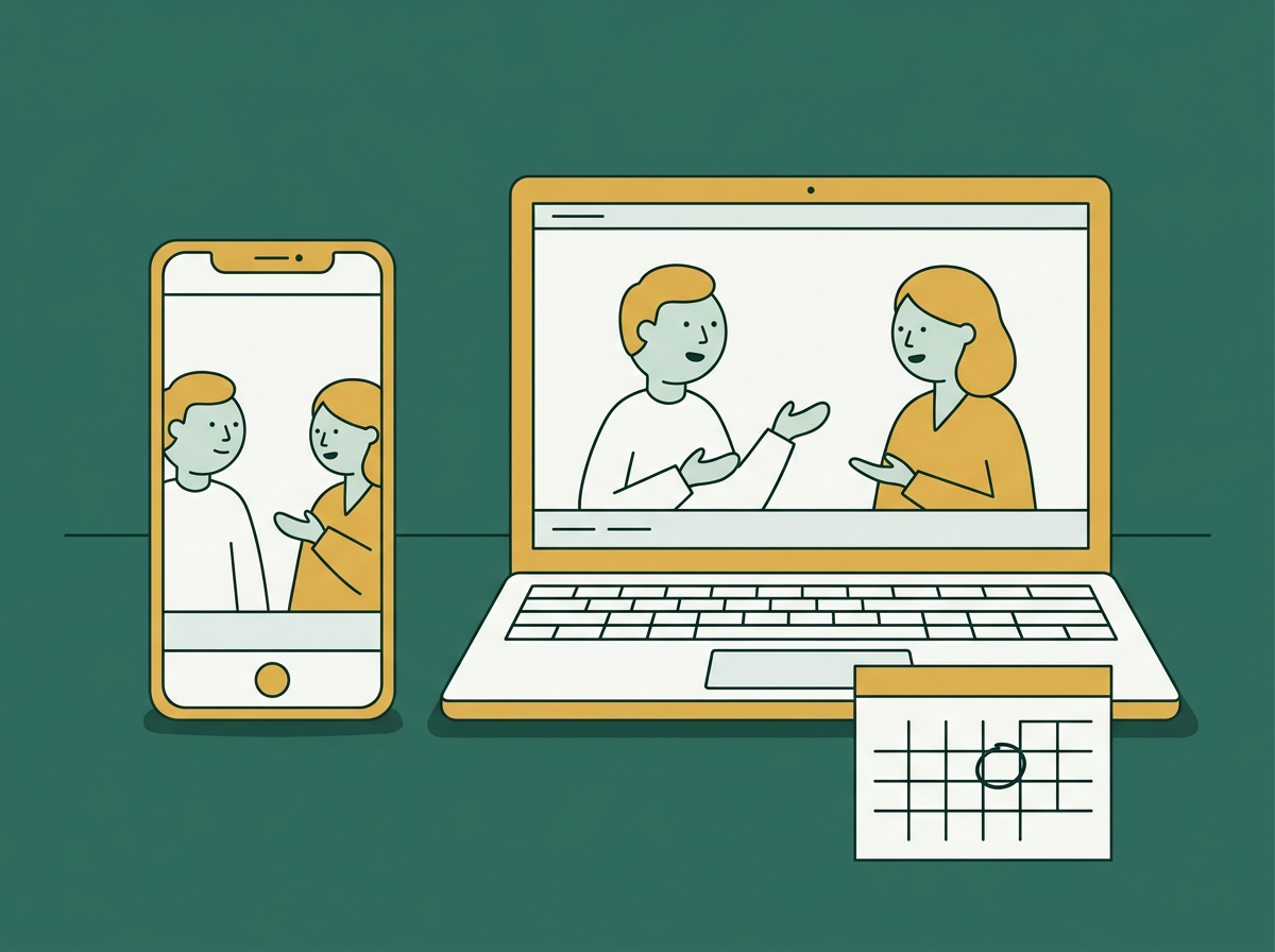 An adviser and a client talking on a video call, with a calendar beside them